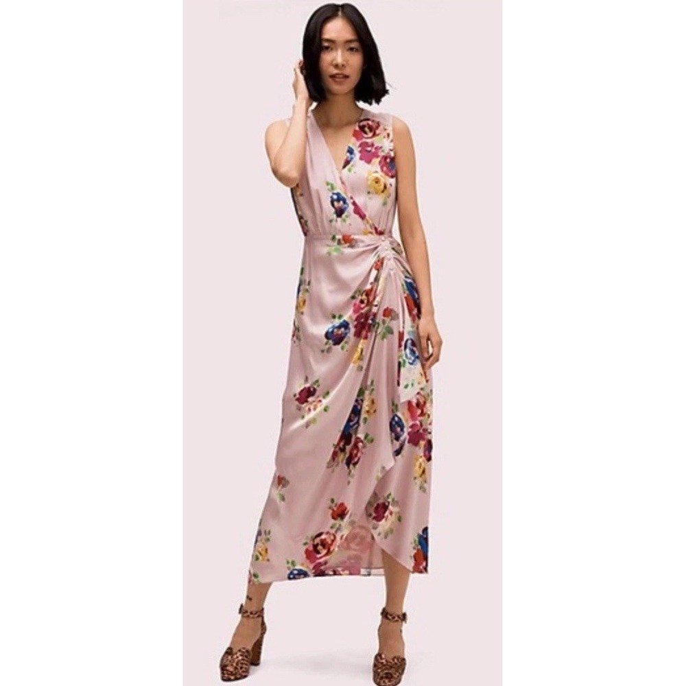 RARE ROSES SILK MIDI DRESS IN LIGHT PRESSED FLOWERS Lavender Women's Size 12 NEW